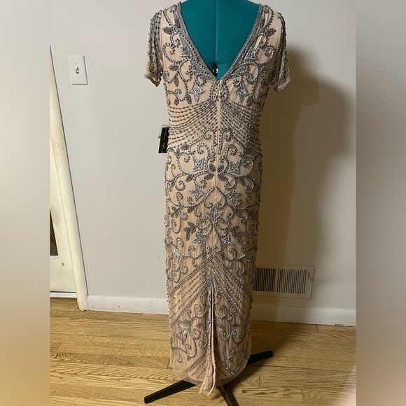 NWT PISARRO NIGHTS Beaded Rose Nude Mesh Longline Dress Red Carpet Evening Gown - Picture 8 of 13